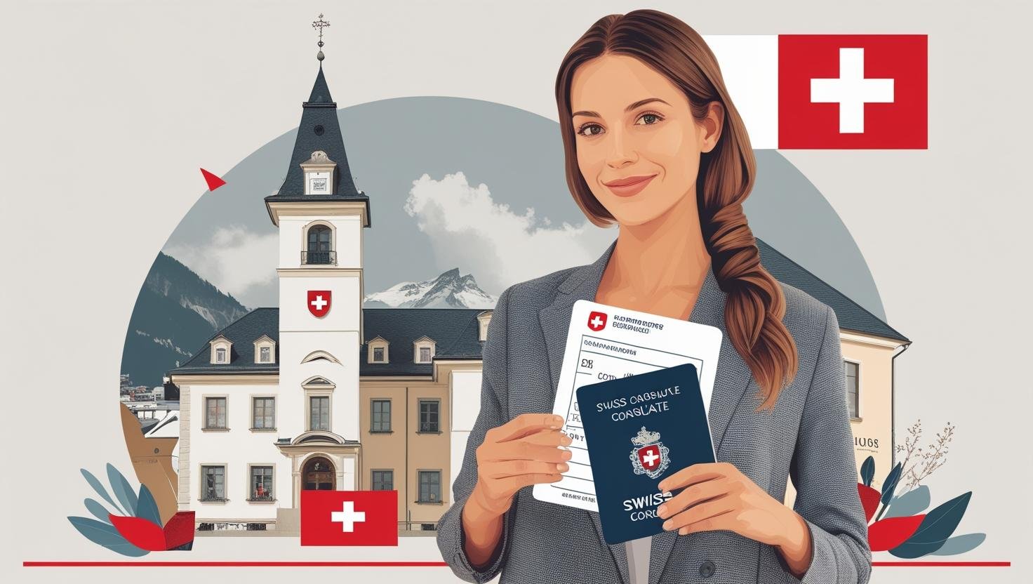 Foreigner holding passport and Swiss visa documents, with subtle Swiss symbols and city or consulate setting — representing the visa application process for Switzerland.