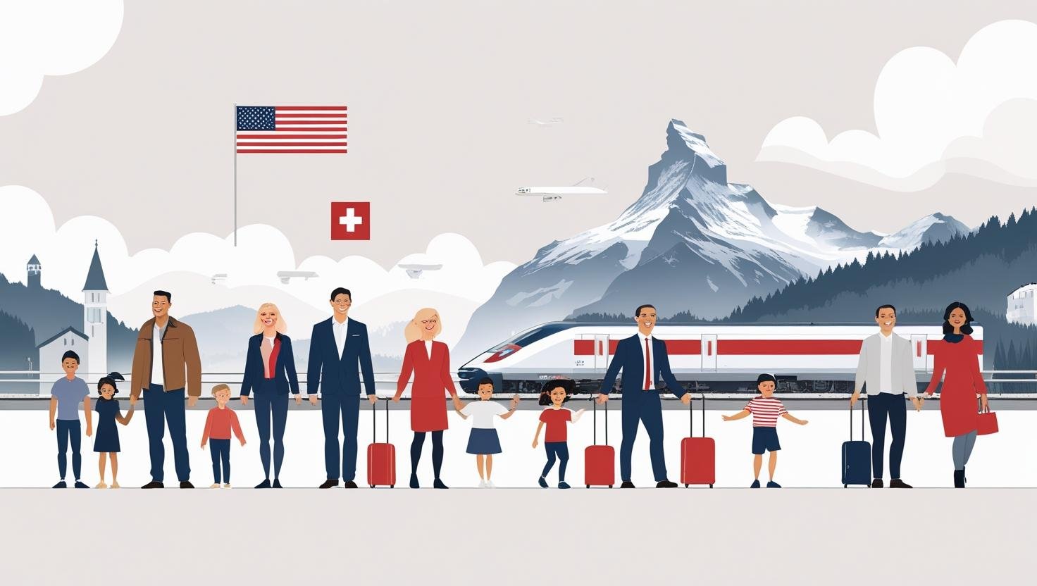 American expats with luggage arriving in Switzerland, with Swiss and U.S. flags, passport visuals, and Alpine or city scenery — visual for a 2025 expat relocation guide.