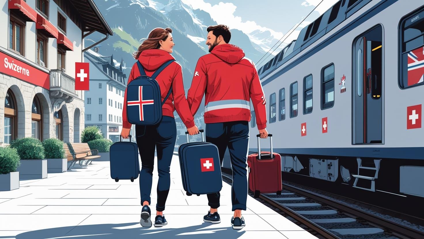 British expats arriving in Switzerland with luggage, UK and Swiss visual cues, and a scenic urban or Alpine background — used to illustrate a relocation journey.