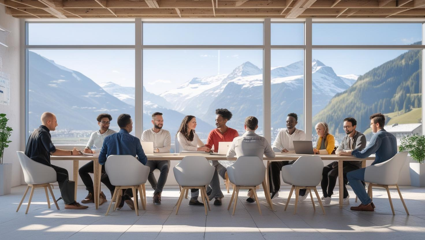 Diverse professionals working or job hunting in Switzerland, with Swiss scenery or modern offices in the background — visual for a 2025 expat job opportunities guide.