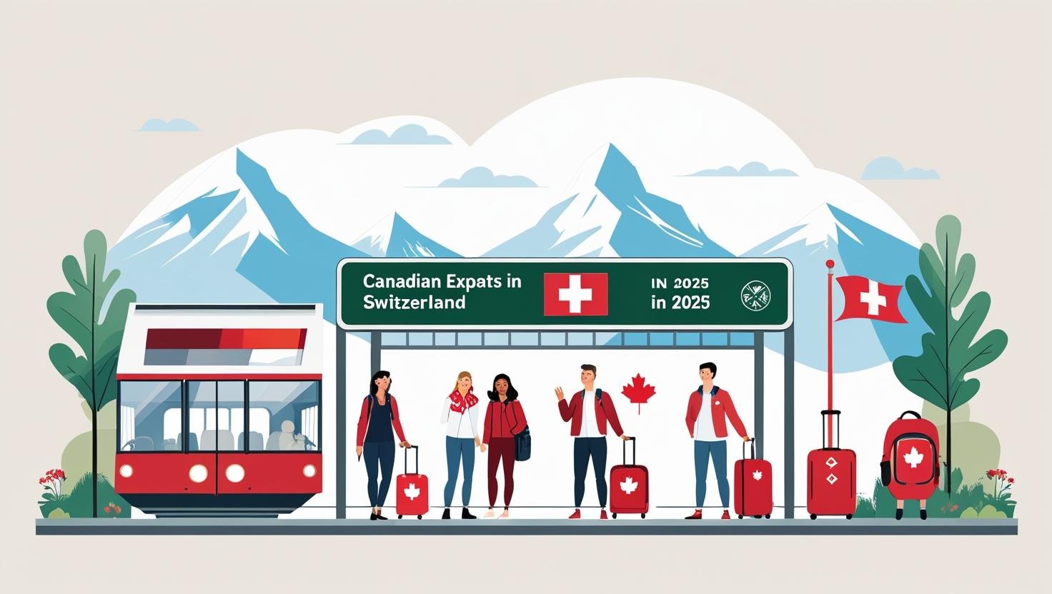 Canadian expat arriving in Switzerland with luggage, Swiss Alps and flags in the background — travel-themed visual for a 2025 relocation guide from Canada to Switzerland.