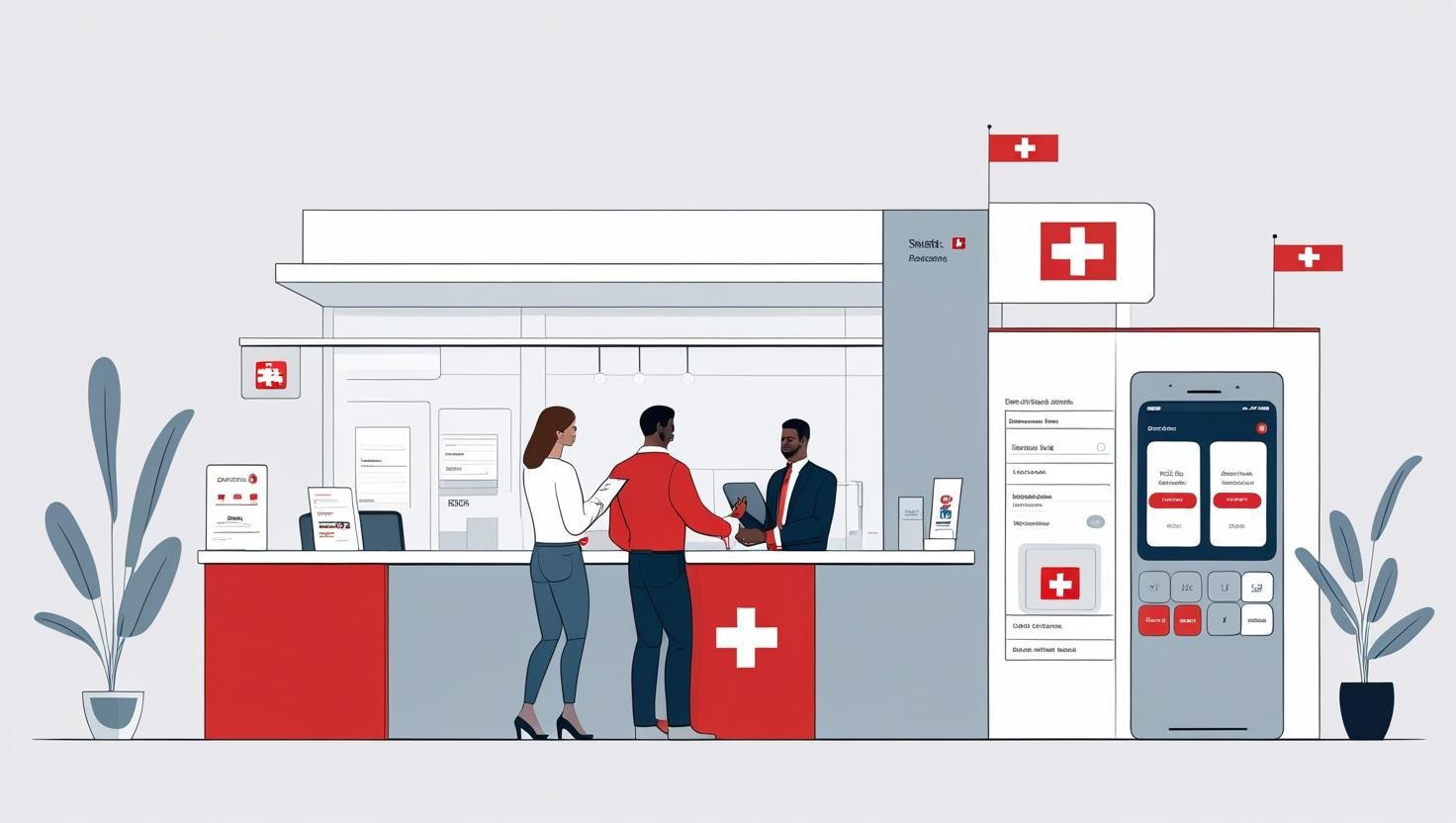 Foreigner opening a Swiss bank account, with subtle Swiss symbols and modern banking elements — realistic scene representing banking options for expats in 2025.