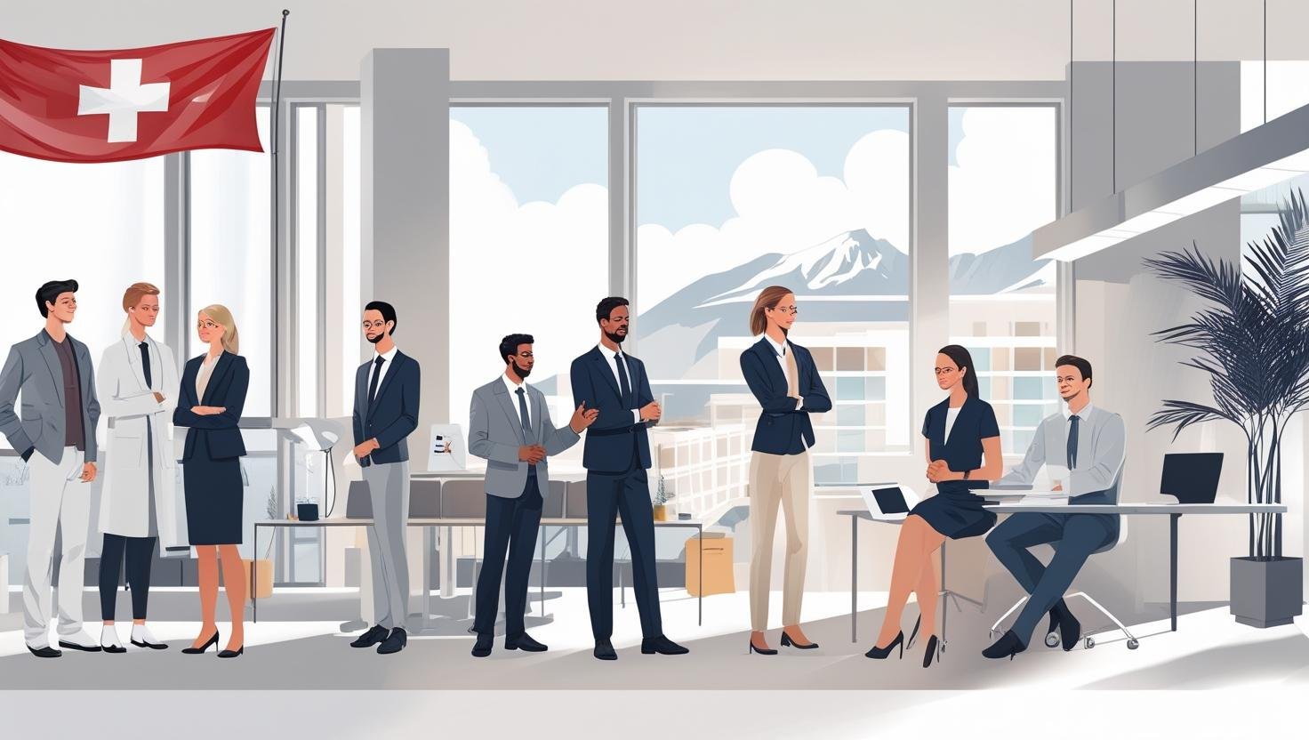 Diverse professionals working or job hunting in Switzerland, with Swiss scenery or modern offices in the background — visual for a 2025 expat job opportunities guide.