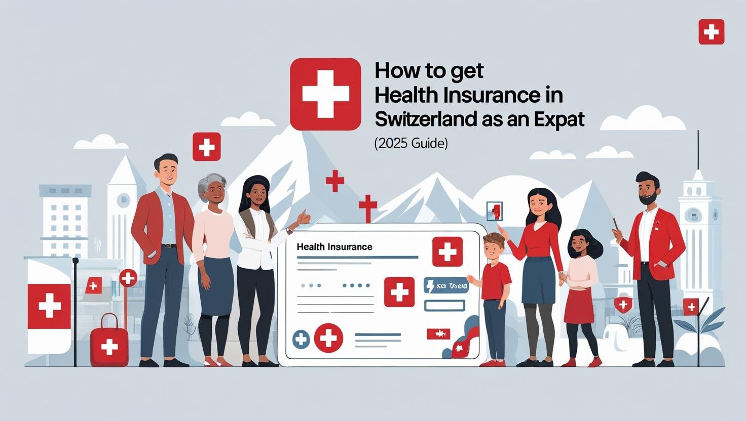 Happy expats discussing health insurance with a Swiss doctor, with visible red cross, Swiss flag, and Alpine background — modern, clean visual for a 2025 expat insurance guide in Switzerland.